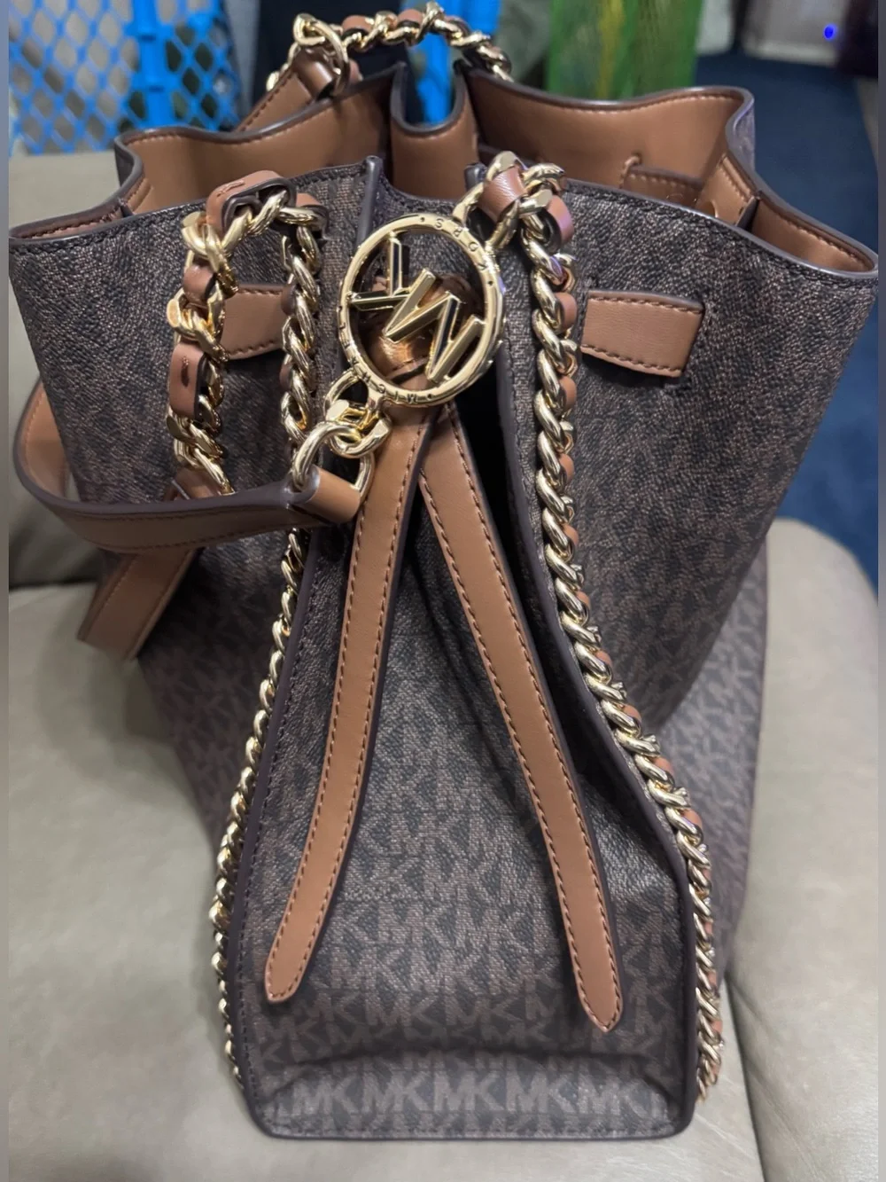 Michael Kors Brown and Tan MK Logo Chain-Trim Large Shoulder Bag